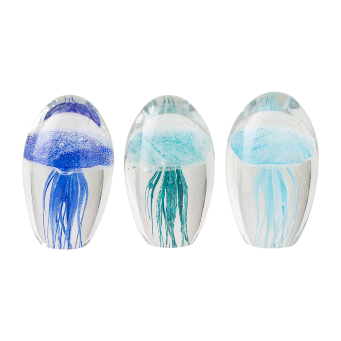 J-Line Presse-papier Jellyfish - verre - bleu/turquoise - 3 pièces