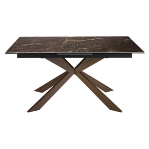 Mesa comedor extensible rectangular con tapa de mármol porcelánico en marrón con vetas crema en brillo 160x90x76cm