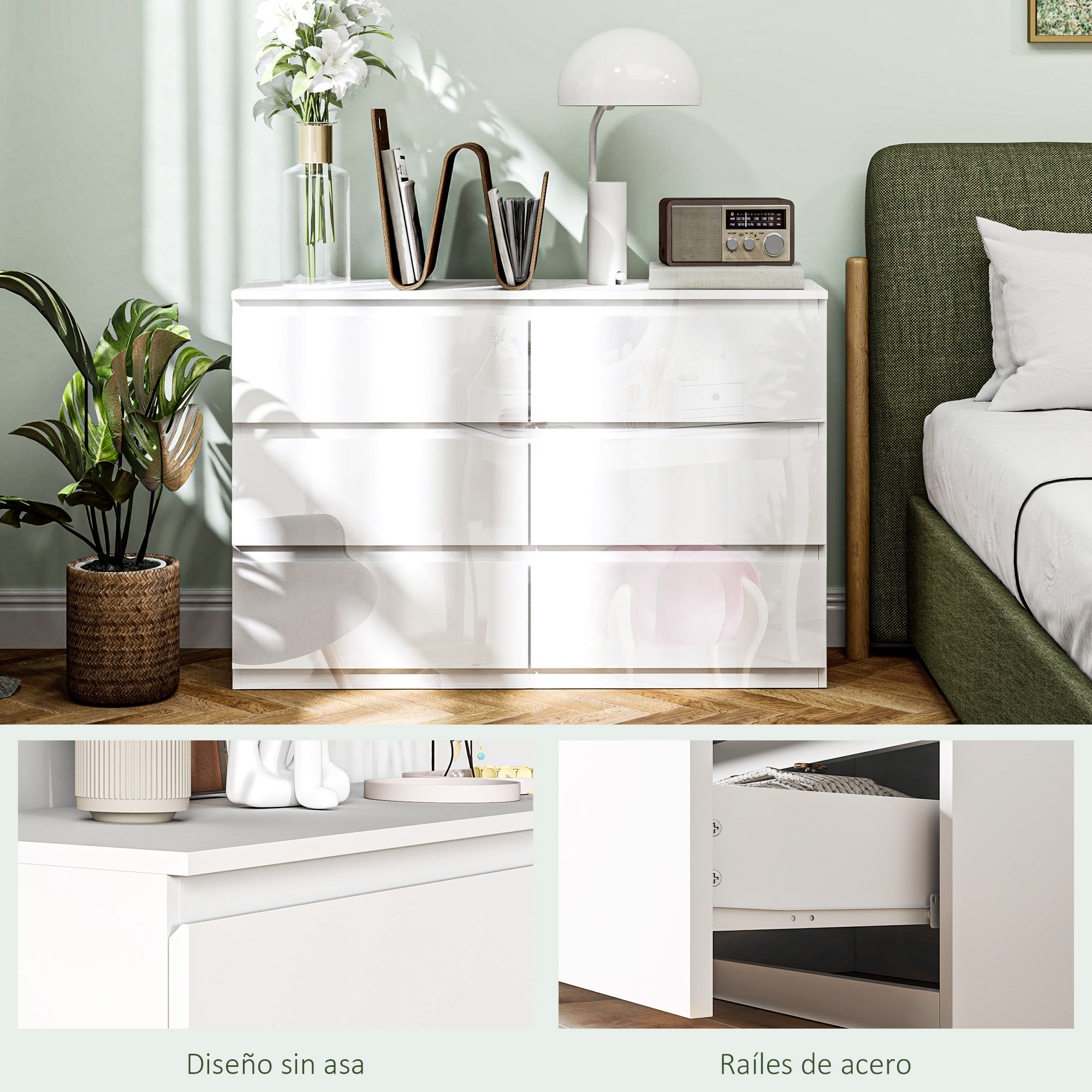 Cómoda 6 Cajones, Cómoda Dormitorio, Cajonera para Salón, Oficina, Pasillo, Estilo Moderno, Antivuelco, 112x34x75 cm, Blanco Brillo