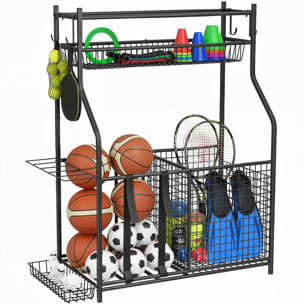 Organizador de Equipos Deportivos, Almacenamiento de Bolas de Garaje con Cesta, Ganchos Extraibles y Bandas Elásticas, Soporte para Balones de Baloncesto, Fútbol, para Casa Gimnasio o Escuela