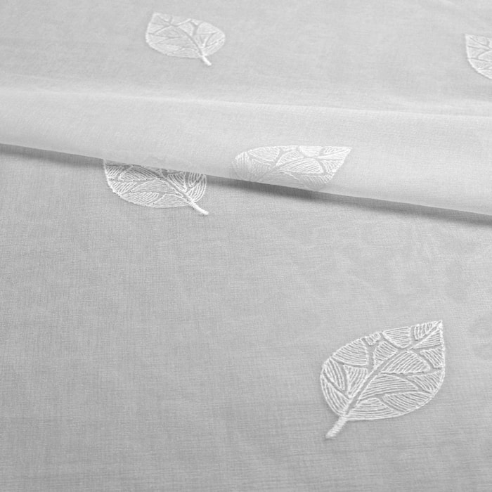 Tissu en voile brodé feuille de ficus - Blanc