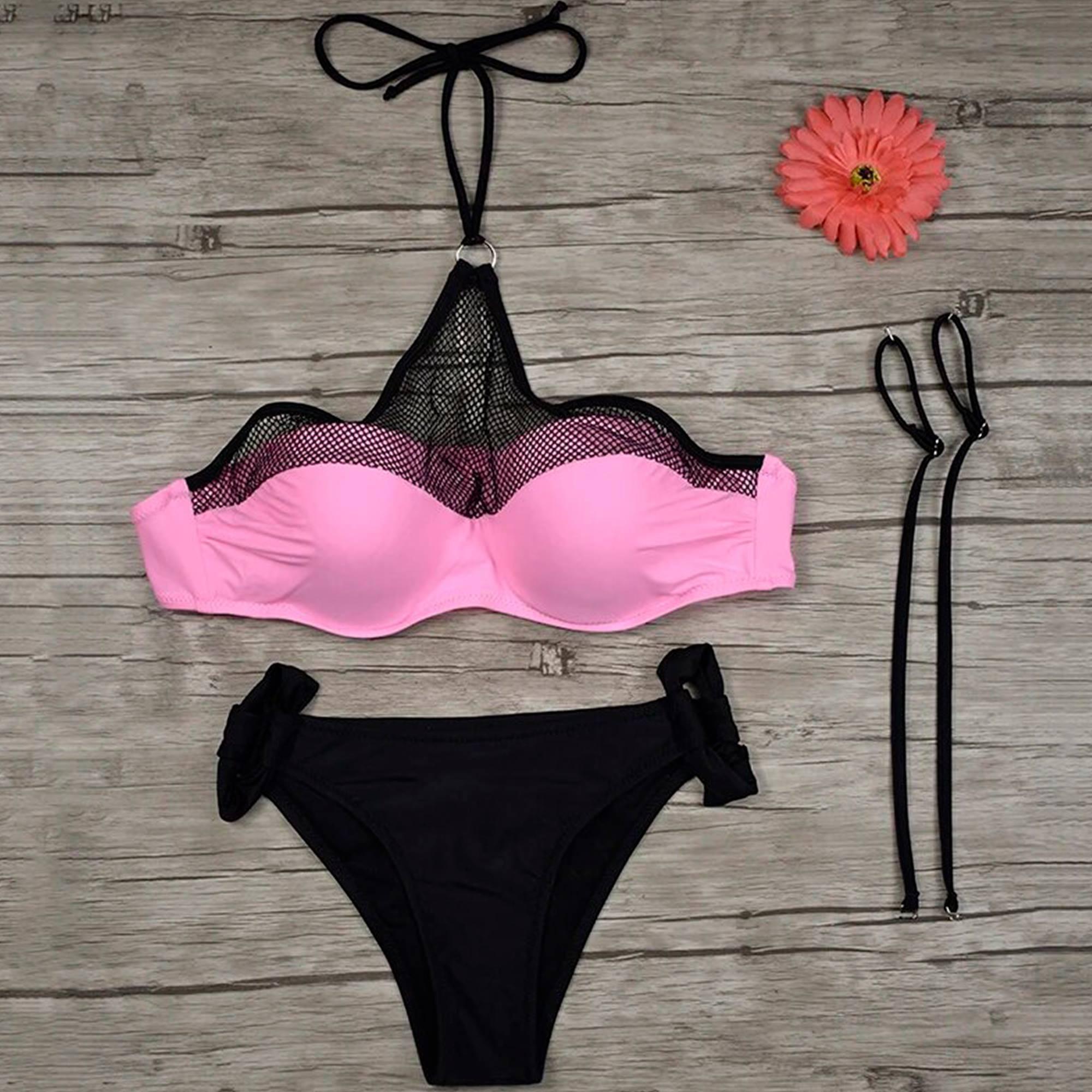 Bikini sexy rosa con push up y malla con cuello elegante