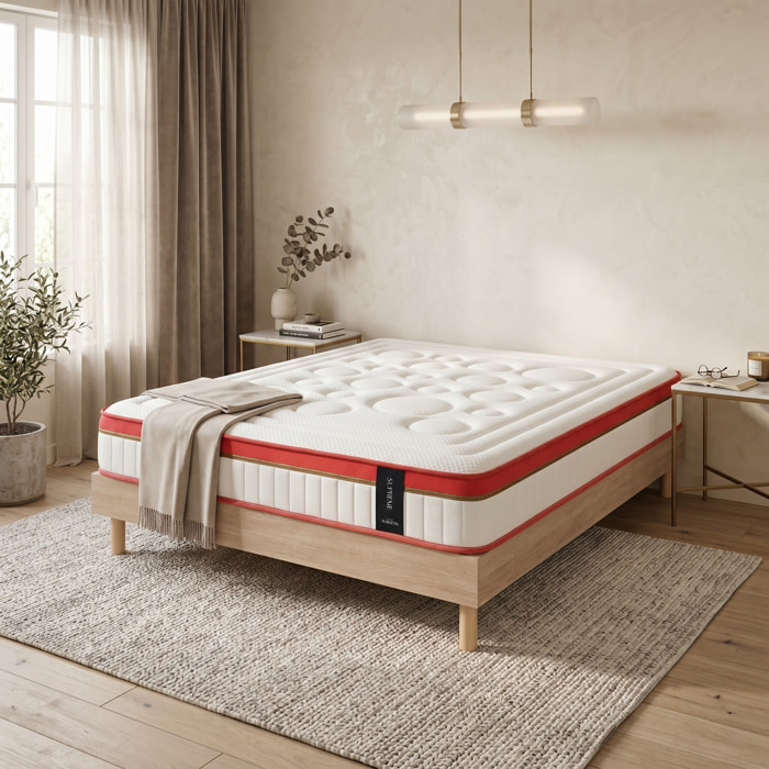 Ensemble Matelas Suprême & Sommier Kit Bois, Mémoire de Forme & Mousse Haute Densité, 24 cm, Soutien Ferme, Aération Optimale