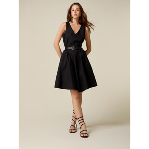 Oltre - Vestido flare en popelín con flor - Negro