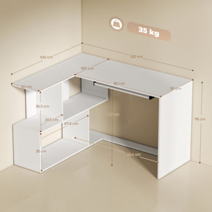 Bureau informatique - bureau d'angle 120 x 100 cm - tablette coulissante clavier, 4 niches - effet bois blanc