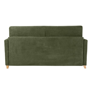 Canapé convertible 3 places en tissu chenille vert foncé et bois clair avec matelas 18 cm SKANDY