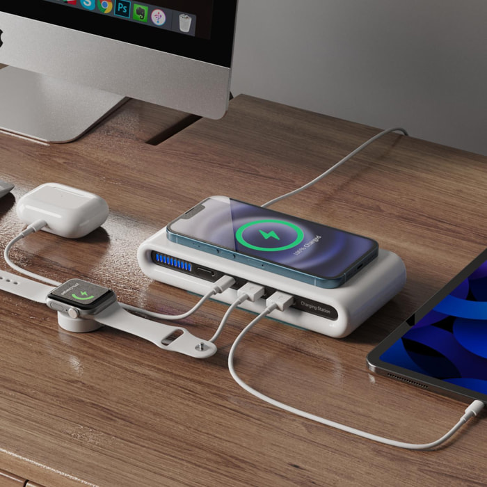 Stazione di ricarica wireless Qi da 15 W con porte di ricarica USB: 2 uscite USB e uscita USB-C.