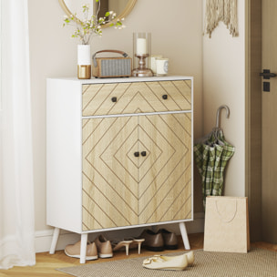 Zapatero de 2 Puertas en Espiga, Zapatero Entrada Recibidor con Estantes Ajustables, Cajón, para 12 Pares de Zapatos, 75x35x97 cm, Blanco y Natural