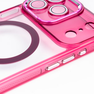 Custodia trasparente con camera coperta e bordi fucsia. Magsafe per iPhone 17 Pro Max.