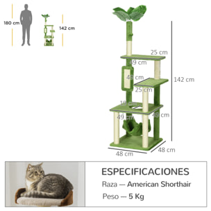 Árbol Rascador para Gatos Grandes de 142 cm Torre para Gatos de Interior con Postes de Sisal Plataformas Hamaca Hojas y Bola de Juguete 49x49x142 cm Verde