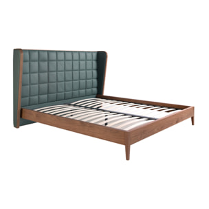 Cama Angel Cerdá de matrimonio con cabecero en polipiel en verde oscuro y estructura de madera chapada en nogal natural 206x213x123cm