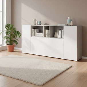 Credenza Moderna Madia A 3 Ante Con Vani a Giorno Mobile Contenitore Salvaspazio Da Terra Ripiani Regolabili 150 x 41 x 76 Cm Bianco e Grigio Cemento