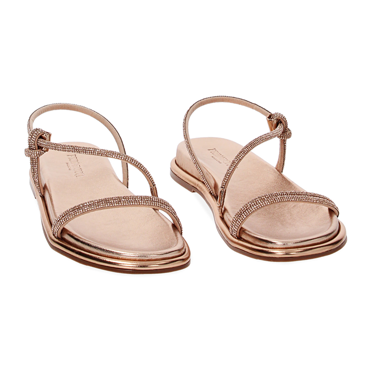 Sandali bassi rosa-oro in laminato con pietre