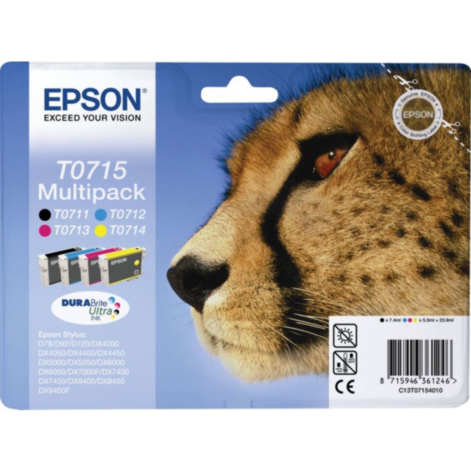 Cartouche d'encre EPSON Pack Multipack 4 Originales T0715 Série Guépard (Noir + 3 Couleurs) - C13T07154010