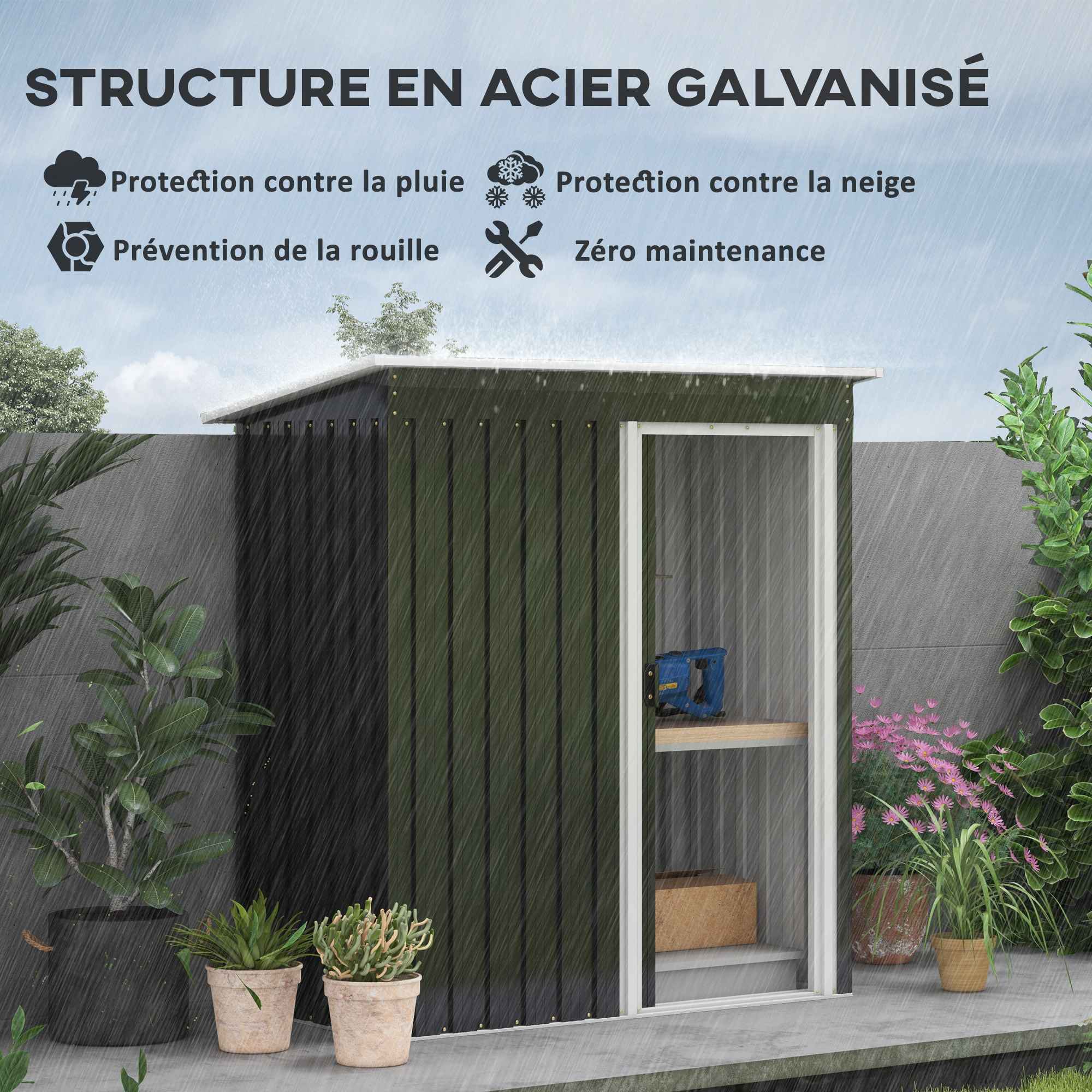 Abri de jardin - remise pour outils - cabanon porte coulissante - dim. 163L x 89l x 182H cm - tôle d'acier noir blanc