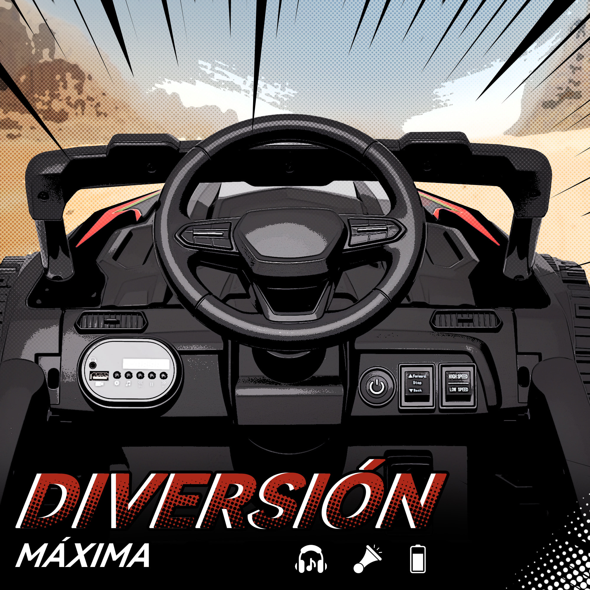 Coche Eléctrico para Niños 12V, Coche de Batería UTV con 2 Motores, Control Remoto 2,4G, 3-5 km/h, Suspensión Trasera, Faros, Música, para Niños de 3-5 Años, Negro