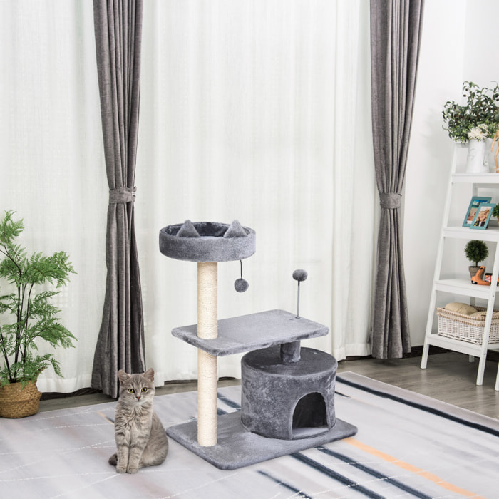 Árbol Rascador para Gatos 81 cm Torre para Gatos Medianos con Cama Plataforma Refugio Poste de Sisal y Bolas de Juguete 60x40x81 cm Gris