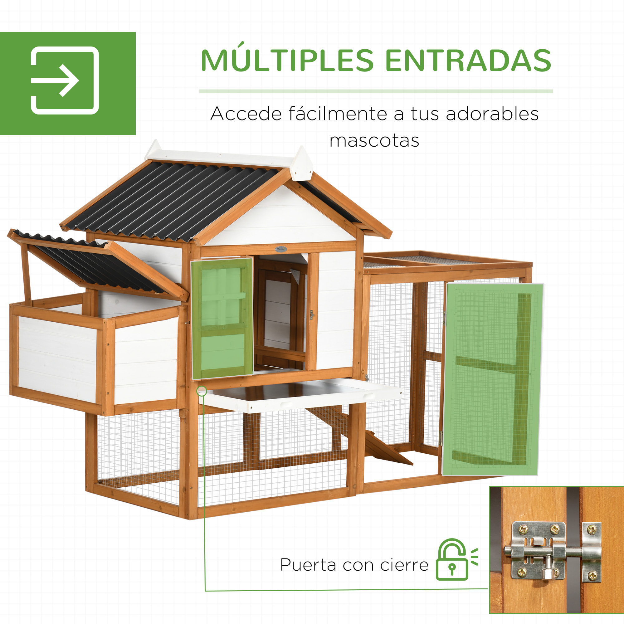 Gallinero de Madera para Exterior 181x79,5x117,5 cm Jaula para 2-4 Gallinas con Techo Resistente al Agua Corral de Metal 2 Perchas Nido Bandeja Extraíble y Rampa Natural