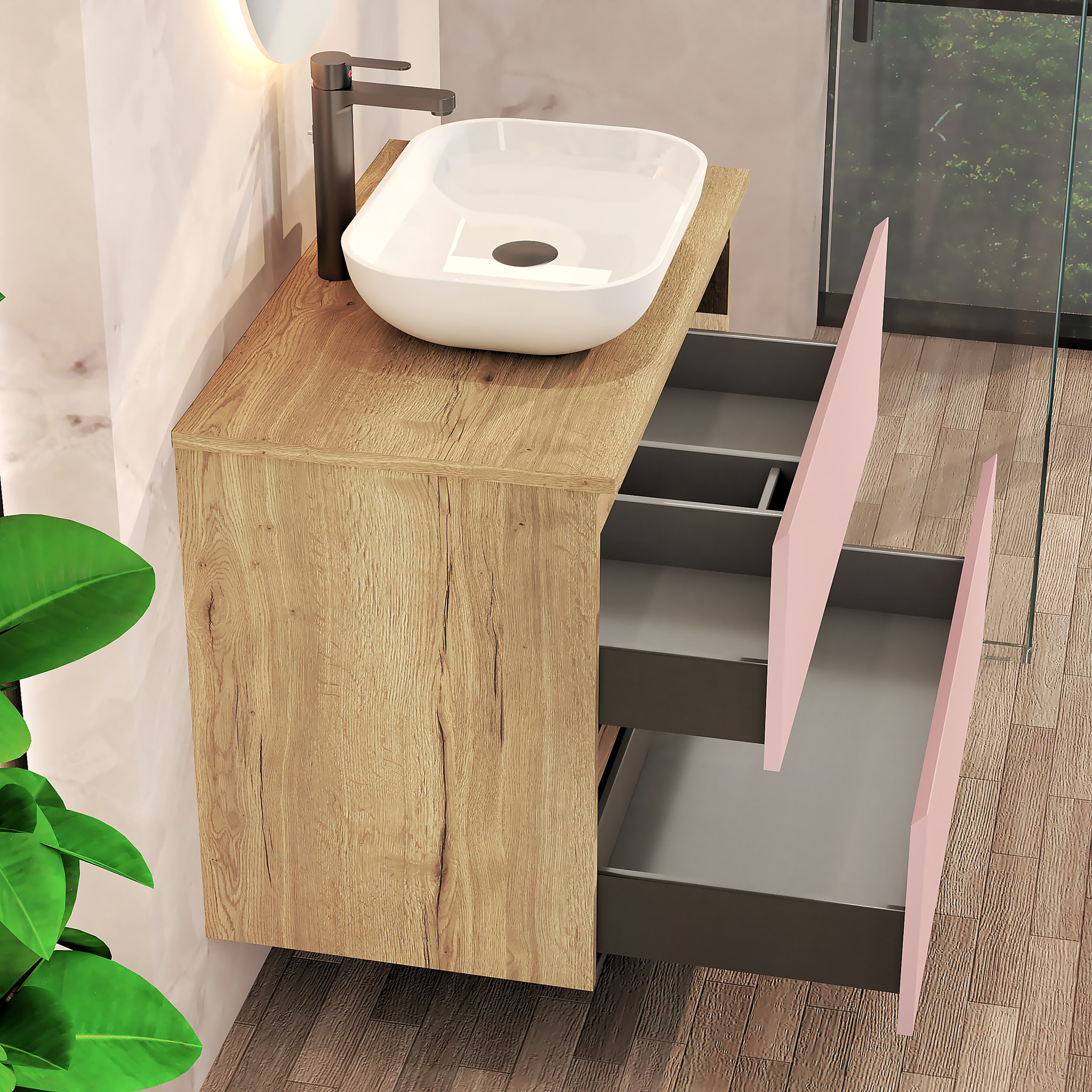 Conjunto de Baño Nia | Mueble Suspendido | 80 cm Rosa | Dos Cajones | Lavabo Sobrepuesto | No incluye Espejo | Mueble Montado| Alday