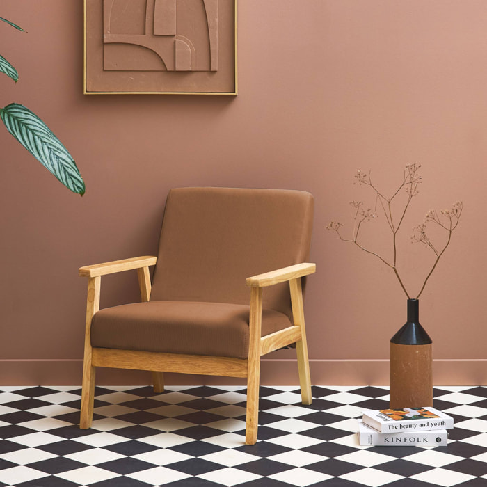 Fauteuil vintage / scandinave structure en bois et contreplaqué et assise en velours côtelé coloris marron