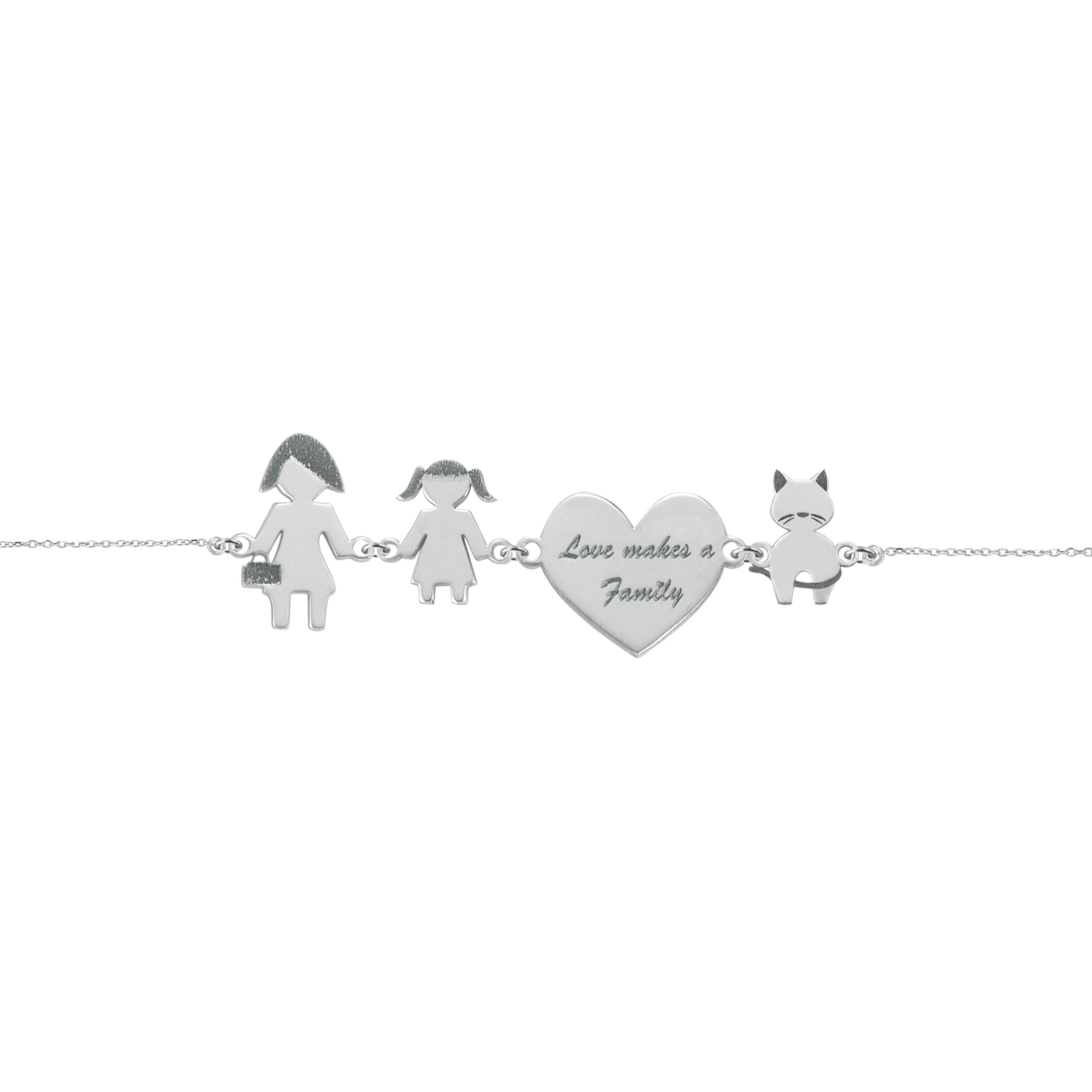 Bracciale Love Makes a Family Mamma-Bimba-Cuore-Gatto Argento