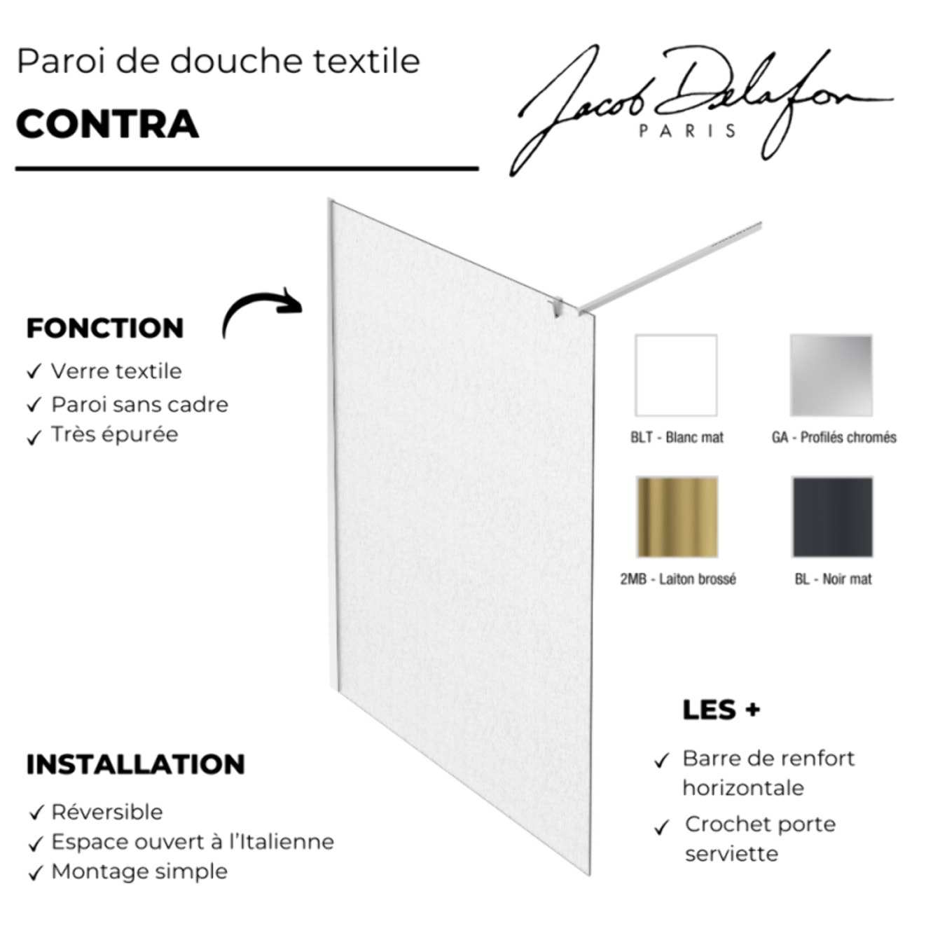 Paroi de douche Contra textile 140cm + kit profilé Laiton brossé
