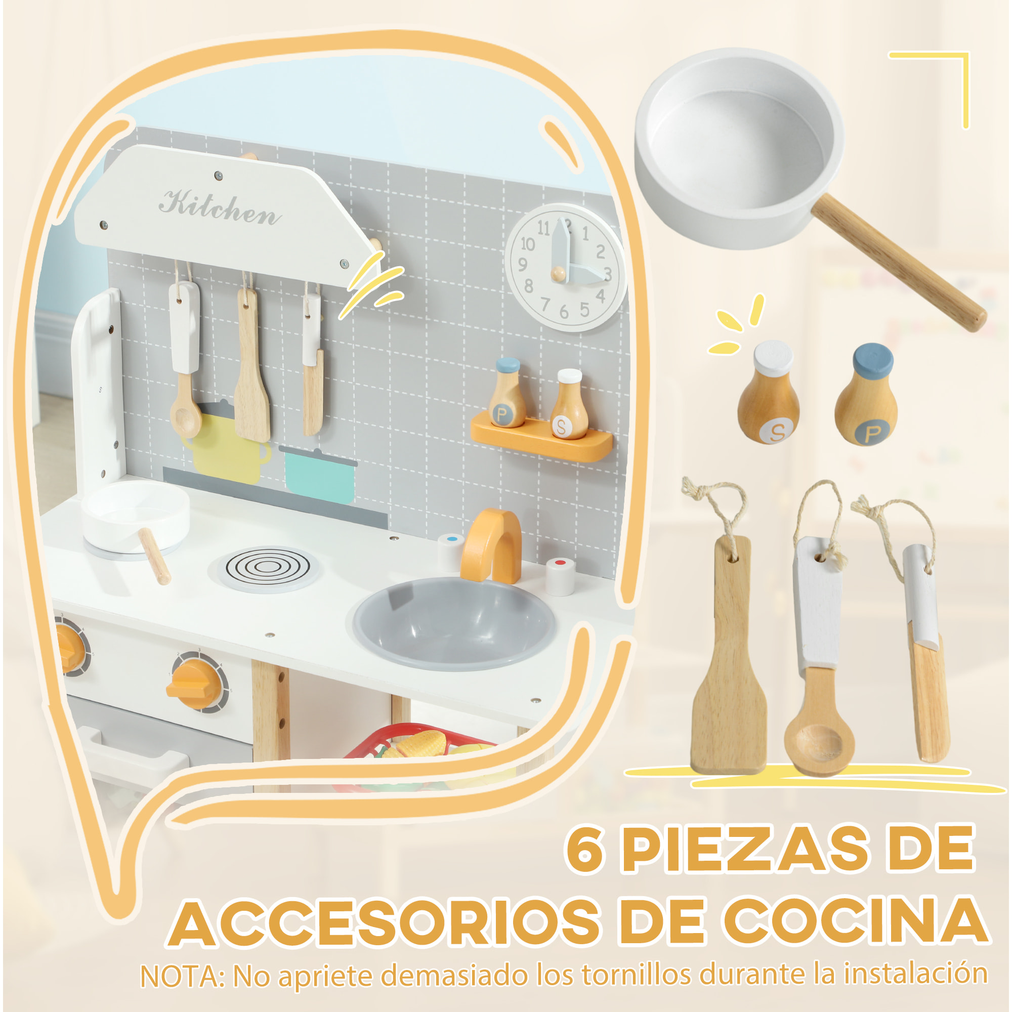 Cocina de Juguete para Niños +3 Años Cocinita Infantil Cocinita de Madera Infantil con Sonido Fogón Horno Grifo Fregadero y Accesorios de Cocina Gris