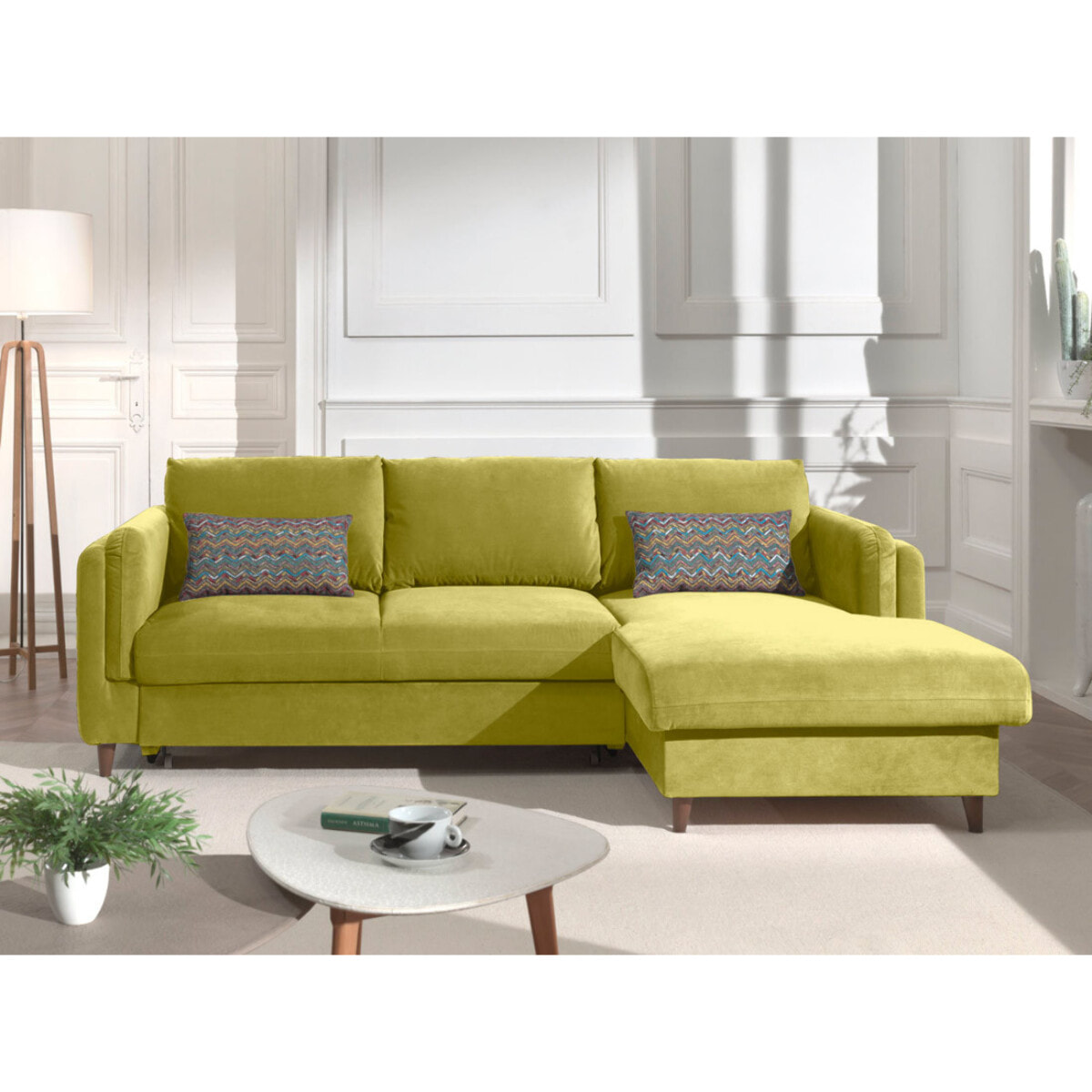 Brooke - canapé d'angle droit - convertible avec coffre - 4 places - en velours - Vert Olive