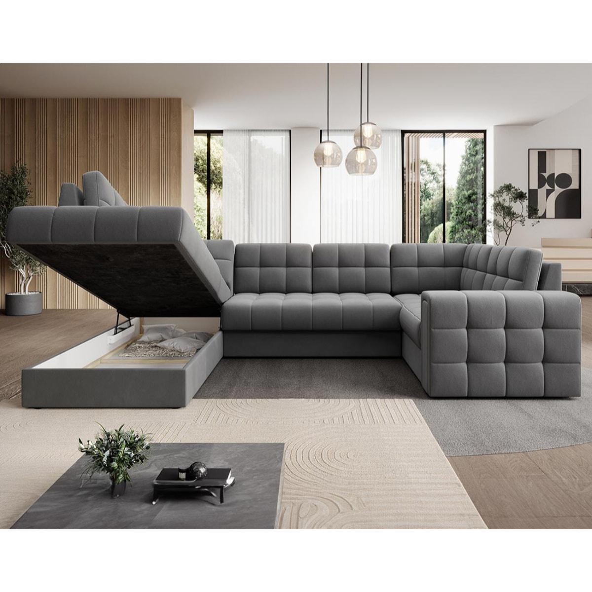 Nappa - Canapé panoramique d'angle droit 7 places convertible avec coffre en velours - Gris clair