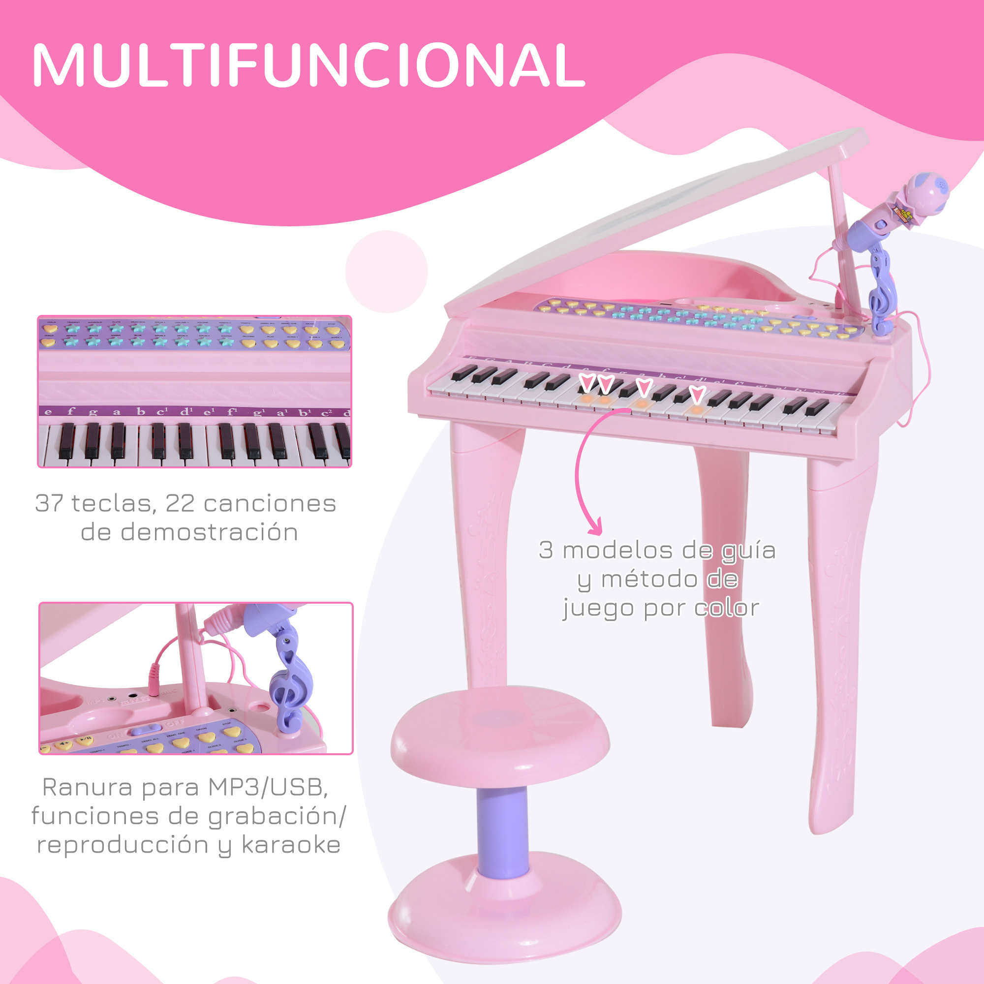 Piano Infantil 37 Teclas Teclado Electrónico Piano con Micrófono y Taburete Rosa