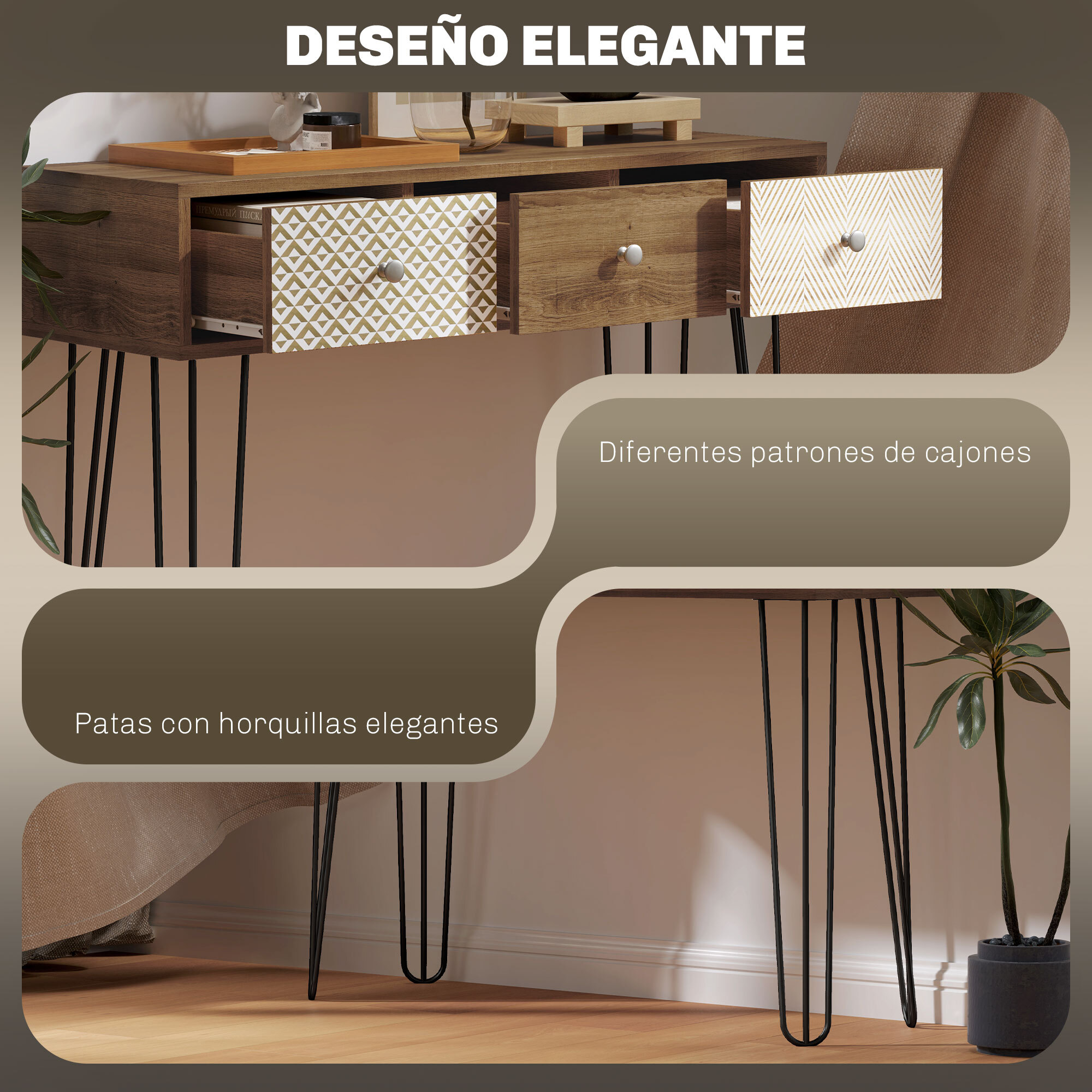 Mesa de Consola, Mesa de Sofá con 3 Cajones, Consola para Recibidor Estrecha con Patas de Acero Tipo Horquilla, para Salón, Pasillo, Entrada, Natural