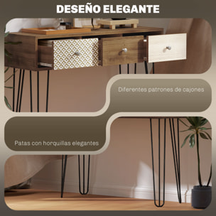 Mesa de Consola, Mesa de Sofá con 3 Cajones, Consola para Recibidor Estrecha con Patas de Acero Tipo Horquilla, para Salón, Pasillo, Entrada, Natural