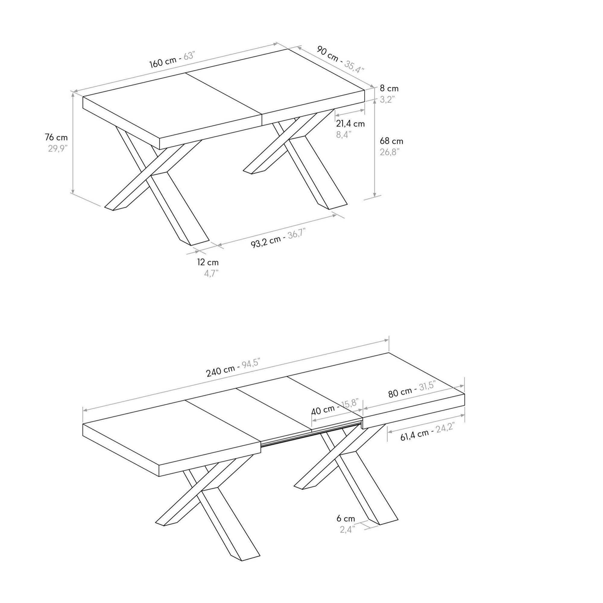 Tavolo allungabile AMALFI in legno effetto olmo perla e gambe a X antracite, allungabile 160x90 cm - 240x90 cm