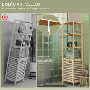 Estantería de Baño de Bambú Estantería de Almacenaje Mueble de Baño con 3 Estantes y 1 Cesto para Ropa Sucia Desmontable 44x33x160 cm Natural