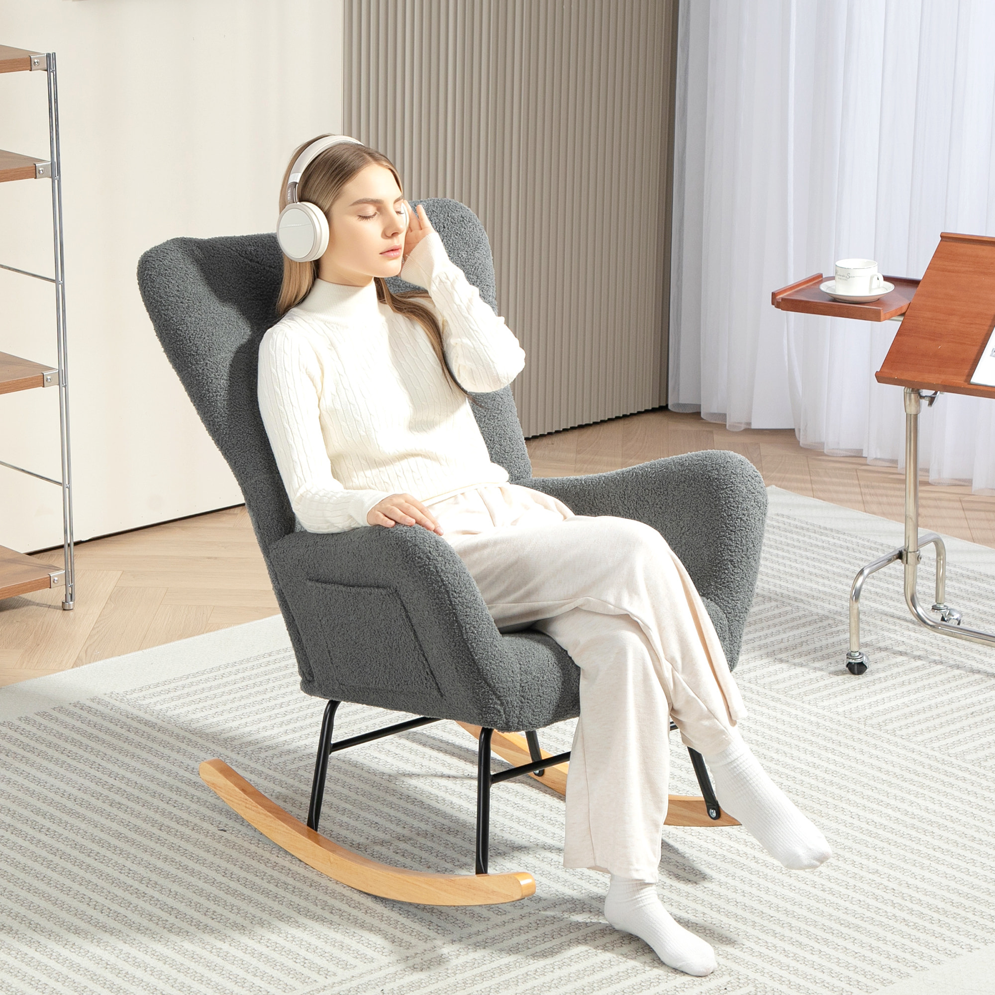 Mecedora de Borreguito Mecedora para Lactancia con Respaldo Acolchado Almohada y Base de Madera de Caucho Carga 120 kg Silla Mecedora para Salón Dormitorio Gris