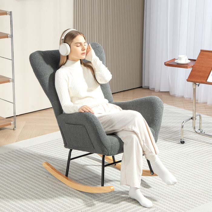 Mecedora de Borreguito Mecedora para Lactancia con Respaldo Acolchado Almohada y Base de Madera de Caucho Carga 120 kg Silla Mecedora para Salón Dormitorio Gris