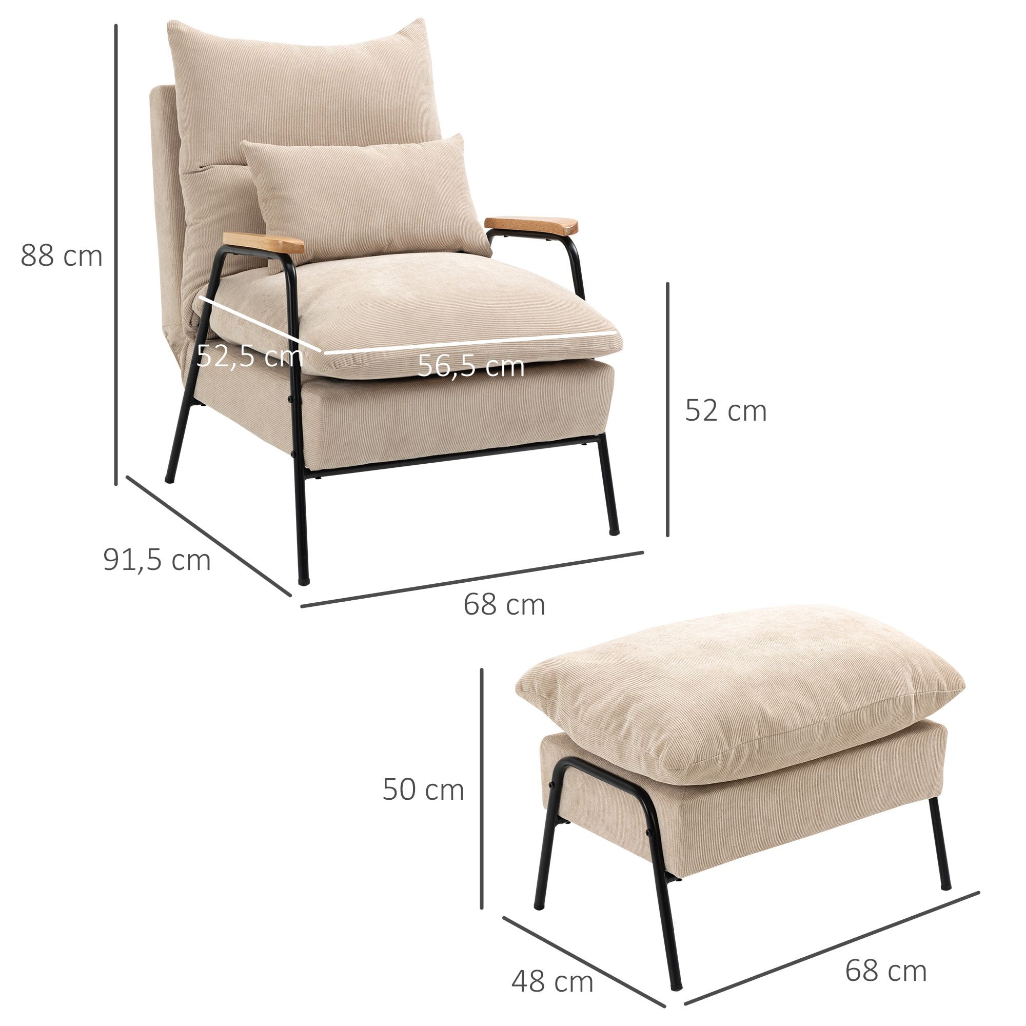 Sillón Relax con Reposapiés Sillón Reclinable con Respaldo Ajustable Tapizado en Pana Marco de Acero y Cojines para Salón Dormitorio 68x91,5x88 cm Beige