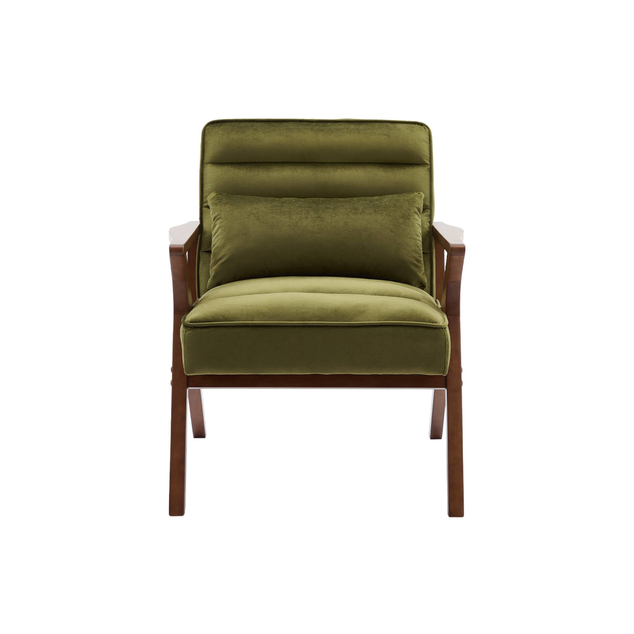 Fauteuil scandinave bois d'hévéa et velours kaki