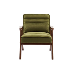 Fauteuil scandinave bois d'hévéa et velours kaki