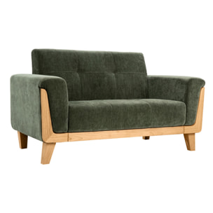 Canapé scandinave 2 places en tissu effet velours vert kaki et bois clair FJORD