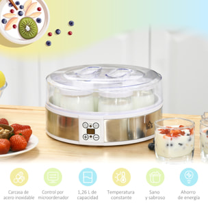 Yogurtera 20W Capacidad 1,26L Máquina de Yogur con 7 Tarros de Cristal de 180 ml Termostato Ajustable Temporizador de 1-48 Horas y Pantalla LED 24x24x13 cm Blanco