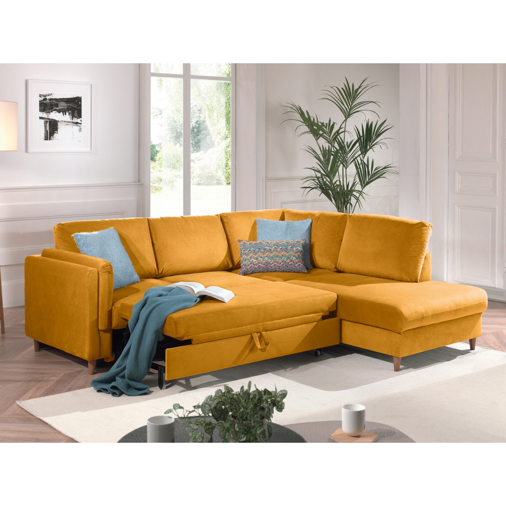 Brooke - canapé d'angle droit - convertible - 5 places - en velours - Jaune