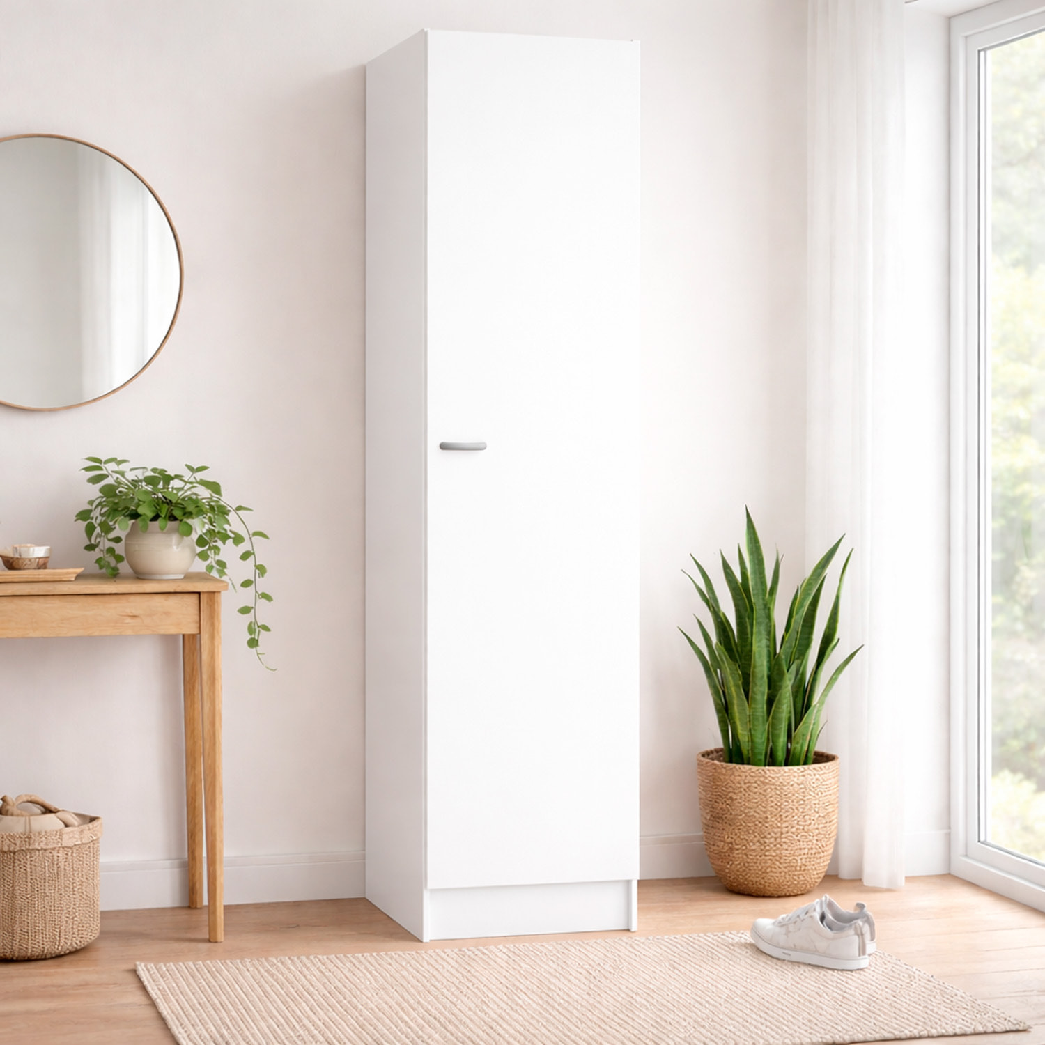 Colonna Armadio Bagno 1 Anta Salvaspazio 4 Ripiani Regolabili Mobile Alto Ingresso Corridoio Moderno Maniglia Argentata 200 x 47.05 x 49.2 cm Bianco