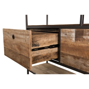 SIXTINE - Étagère marron 2 tiroirs et 7 niches Teck recyclé Acacia Mahogany recyclé et métal noir