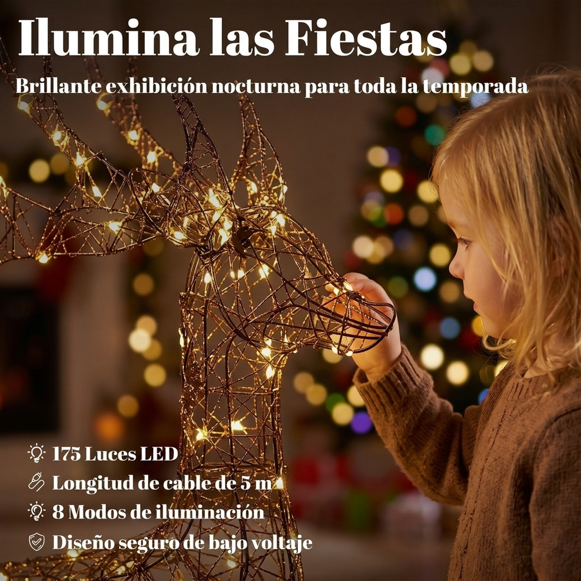 Outsunny Reno y Trineo Luminosos de Ratán PP con 175 LED Blanco Cálido, Decoración de Navidad con 8 Modos, Temporizador Diario, 120 cm, Illuminación Navideña para Jardín, Césped, Patio y Porche