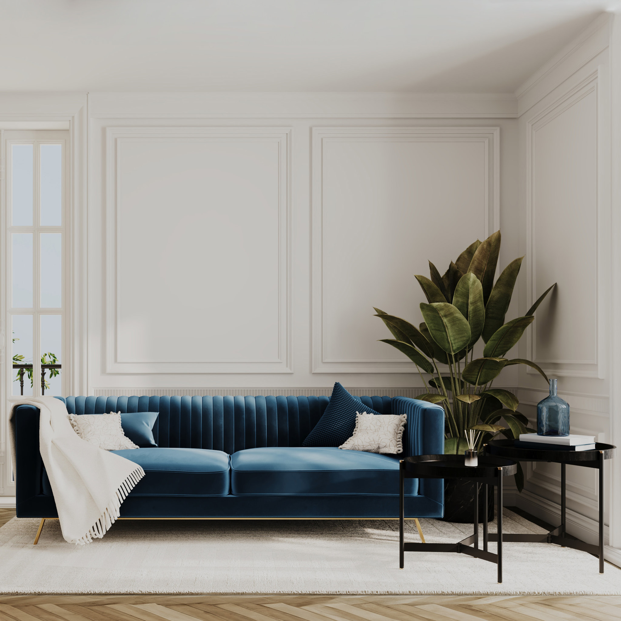 Ensemble canapé et fauteuil en velours bleu 3 places - Gatsby