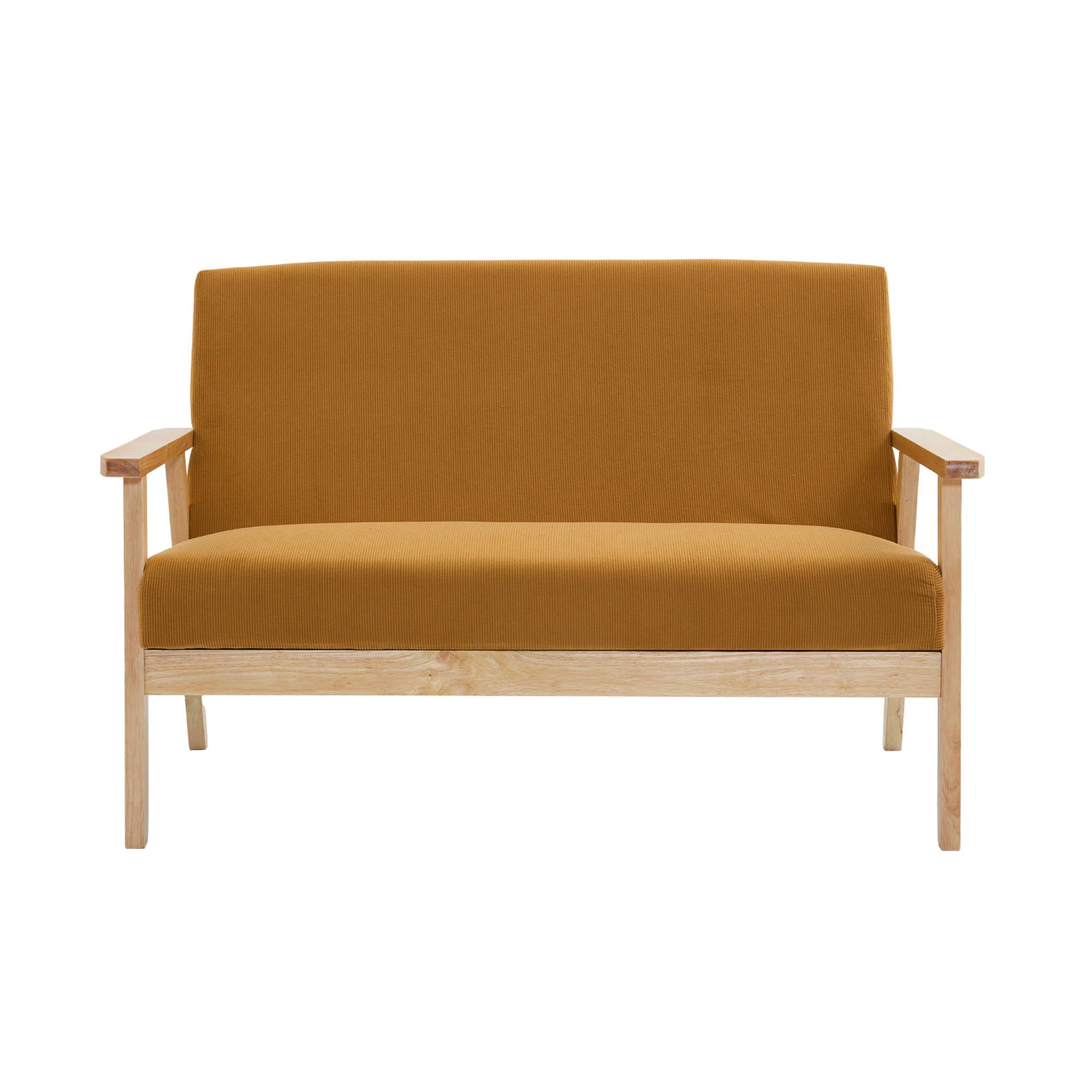Banquette canapé 2 places en bois et tissu velours côtelé coloris moutarde. Isak. L 114 x P 69.5 x H 73cm