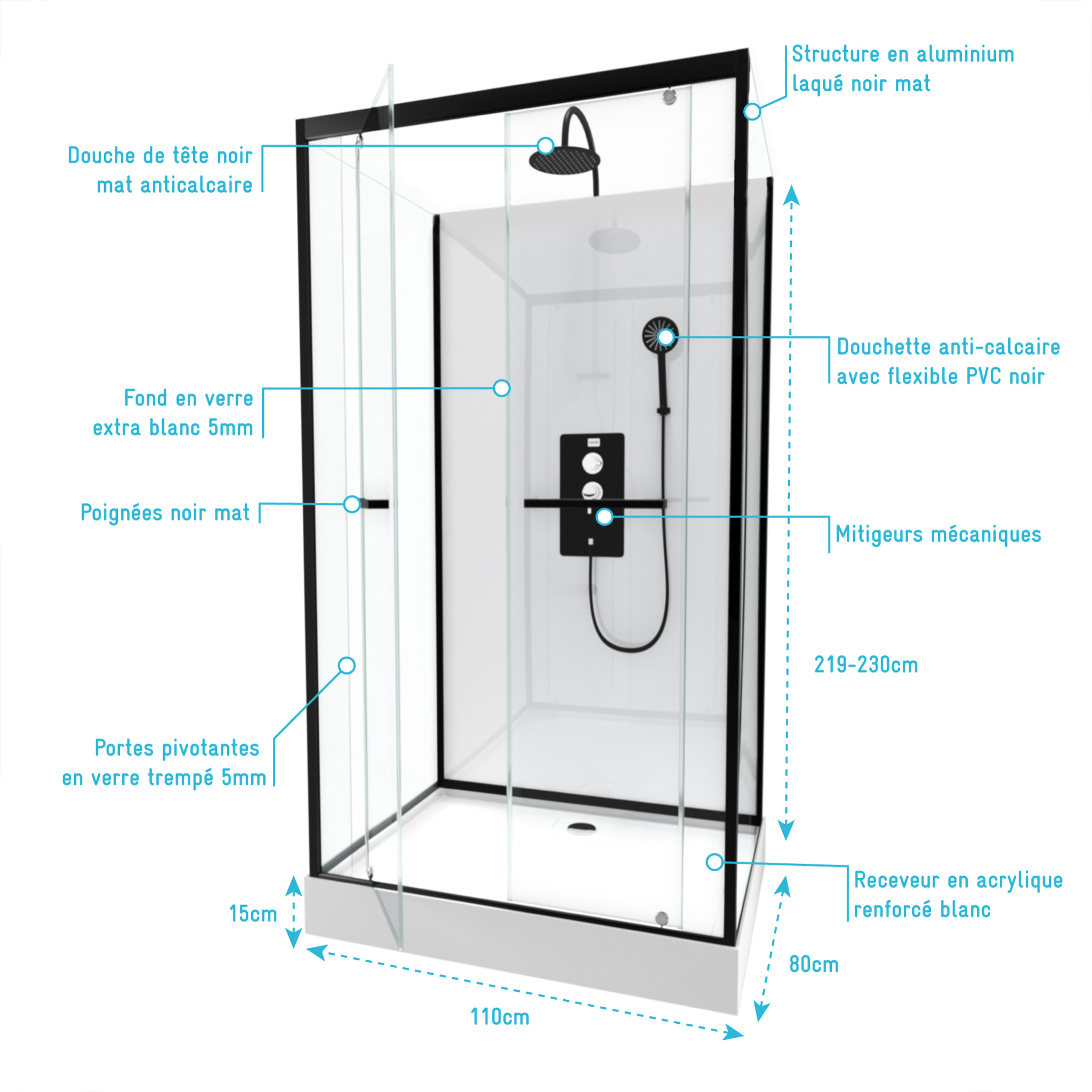 Cabine de douche rectangulaire 110x80x230cm - extra blanc et profilé noir mat - LUNAR