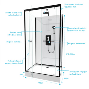 Cabine de douche rectangulaire 110x80x230cm - extra blanc et profilé noir mat - LUNAR