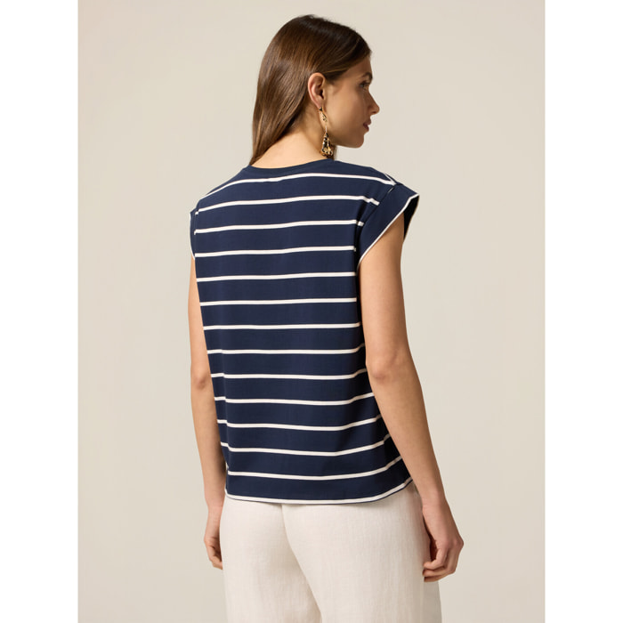 Oltre - T-shirt a righe con bottoni decorativi - Blu